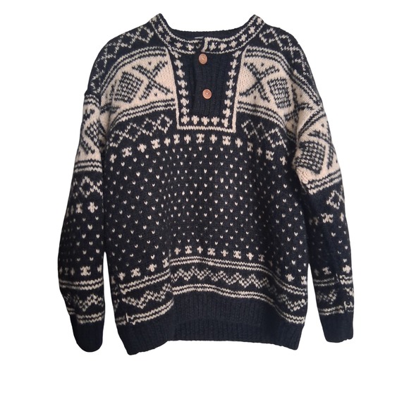 Yeti Other - Yeti Mens 100% Wool Sweater Black Cream Fair Isle Henley Knit Made in Nepal M